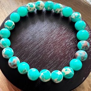 Turquoise Agate Gemstone Beaded Stretch Bracelet. Unisex. 6.8”-7.2”